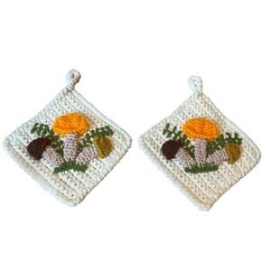 Vintage TWO 3D Mushroom Crochet Pot Holder 7.5” Square EUC Retro Mushie